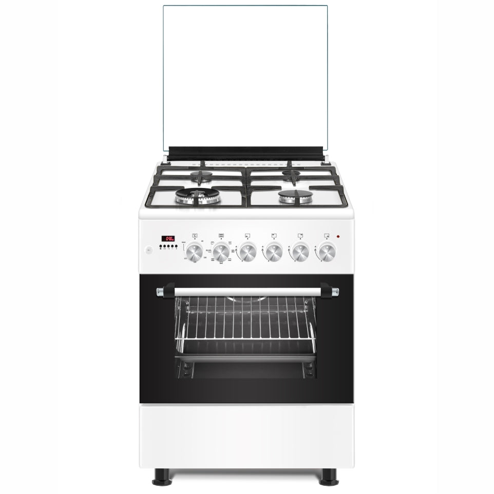 Burner + Wok, Heated Oven Fan, FFD, Integrated Ignition, Turnspit, Lamp, Digital Timer, Cast Iron, Glass Lid, Stainless Steel Top White Body